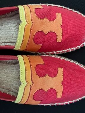 Tory Burch Red Canvas Espadrilles with Orange and Yellow Leather Trim